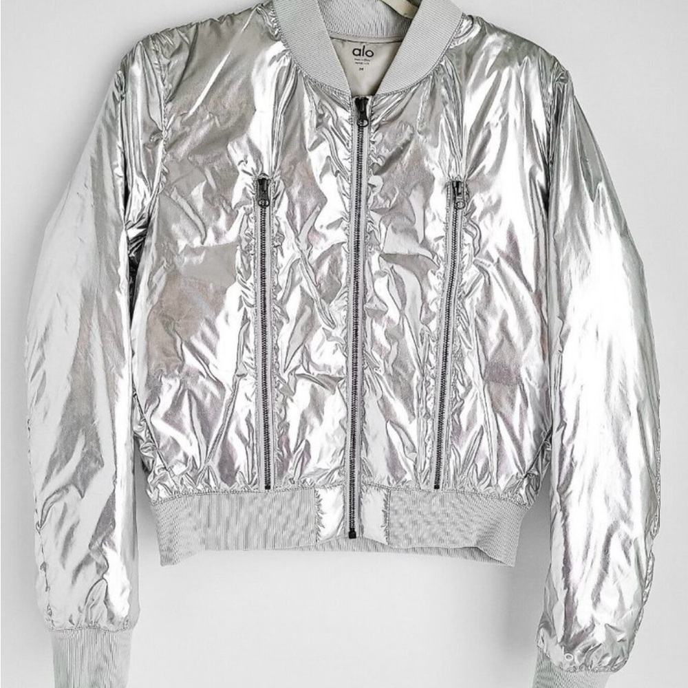 ALO Yoga Silver Reflective Bomber Jacket